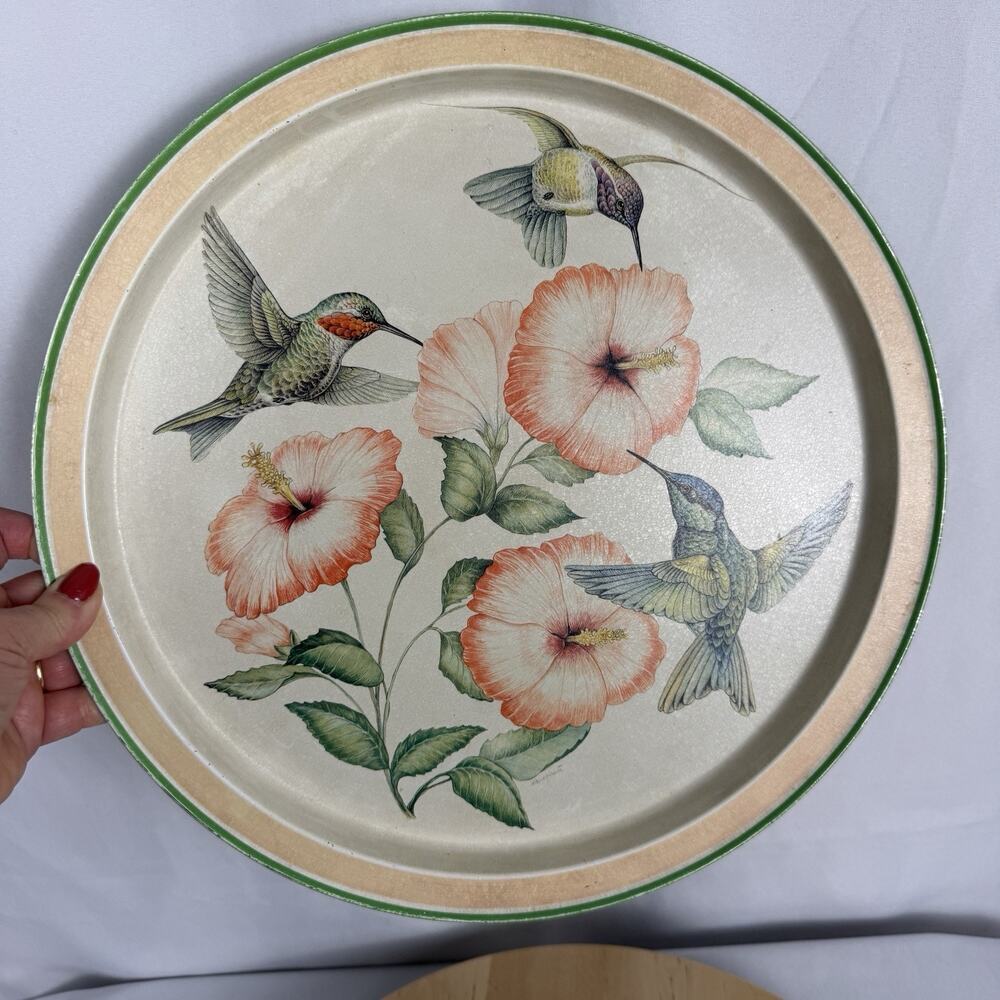 Vintage Hummingbird Round Floral Tray 1993 Potpourri Designs Flowers 13 1/2"